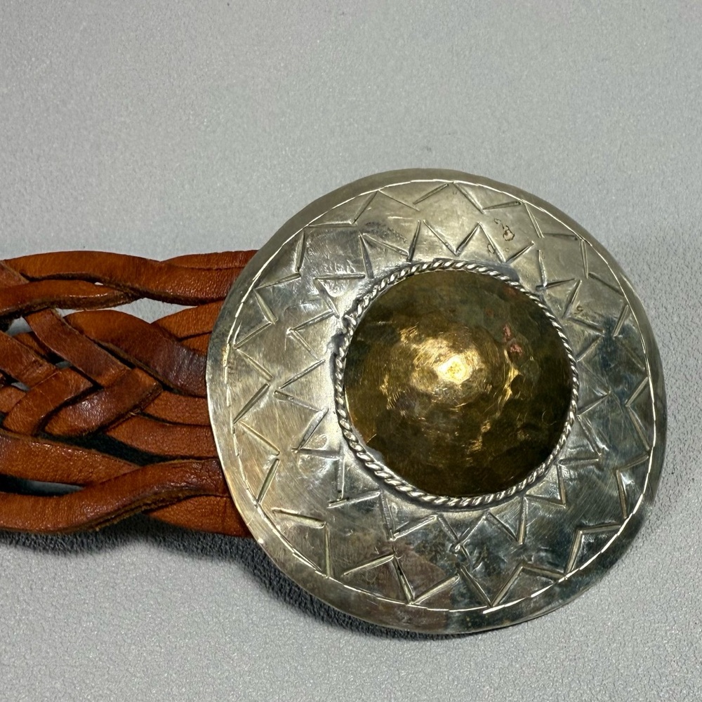 Braided Brown Leather Belt with Round Silver and Gold-Tone Buckle - Picture 4 of 6